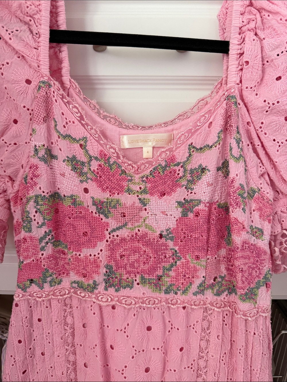 LoveShackFancy Pink Floral Eyelet Mini Dress - Picture 4 of 5